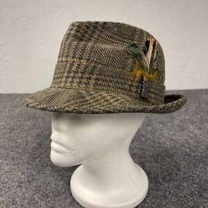 Vintage Tweed Fedora Hat Size 7 Brown Houndstooth Trilby Feather USA Union Made